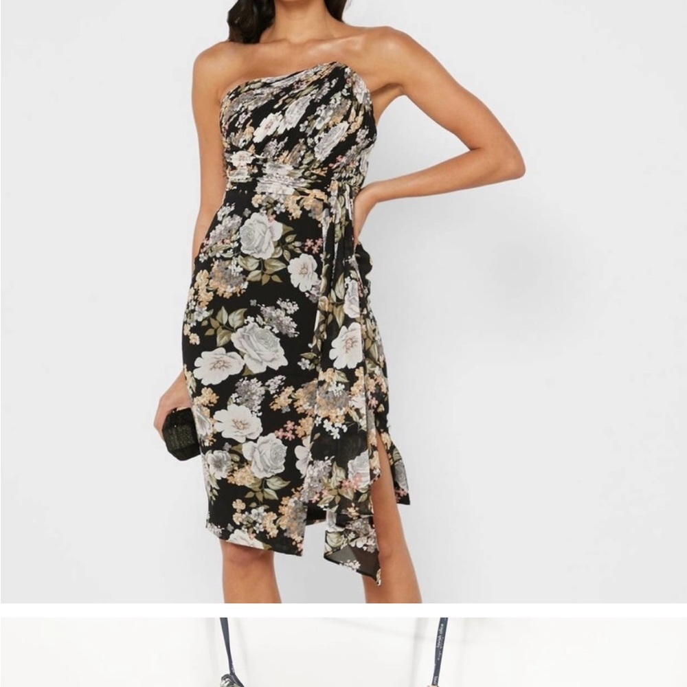 LAVISH ALICE Black Floral Asymmetrical Ruffle Strapless Dress Size US 8 NEW